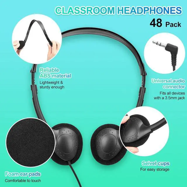 Alt view image 2 of 6 - 48 Pack Classroom Headphones on Ear Wired Stereo Headset with 3.5mm Jack, Over The Head Student Earphone Set for Kids Adults School Library Airplane Computer Laptop, No Microphone (Black)