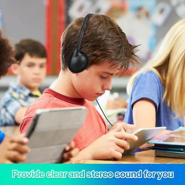 Alt view image 6 of 6 - 48 Pack Classroom Headphones on Ear Wired Stereo Headset with 3.5mm Jack, Over The Head Student Earphone Set for Kids Adults School Library Airplane Computer Laptop, No Microphone (Black)