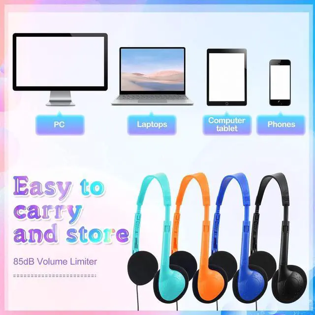 Alt view image 4 of 6 - 100 Pack Headphones for Classroom Bulk Students Adjustable Headphones Wired Pack Black Over The Head Earphones with 3.5 mm Plug for School Library Museums Teen Boys Girls Adults(Multicolor)