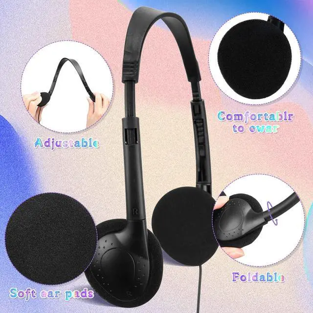 Alt view image 2 of 6 - 100 Pack Headphones for Classroom Bulk Students Adjustable Headphones Wired Pack Black Over The Head Earphones with 3.5 mm Plug for School Library Museums Teen Boys Girls Adults(Multicolor)