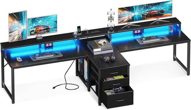 Main image of 94" Computer Desk with Fabric Drawers & File Cabinet- 2 Person Home Office Desks with Power Outlet & LED Light, Long Writing Desk with Monitor Stand, Storage Shelves, Study/Work Table, Black