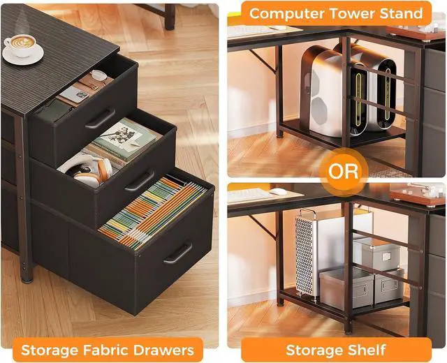 Alt view image 6 of 7 - 94" Computer Desk with Fabric Drawers & File Cabinet- 2 Person Home Office Desks with Power Outlet & LED Light, Long Writing Desk with Monitor Stand, Storage Shelves, Study/Work Table, Black