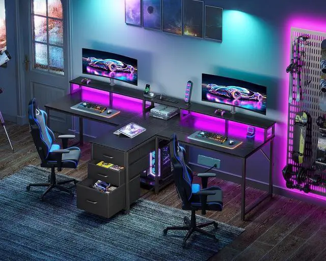 Alt view image 2 of 7 - 94" Computer Desk with Fabric Drawers & File Cabinet- 2 Person Home Office Desks with Power Outlet & LED Light, Long Writing Desk with Monitor Stand, Storage Shelves, Study/Work Table, Black