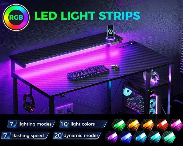 Alt view image 6 of 7 - 40" Gaming Desk with Led Lights & Power Outlet, 40 Inch Small Gaming Computer Desk with Shelves, Reversible Gamer Desk Table with Adjustable Monitor Stand & Headphone Hook, Carbon Fiber Texture