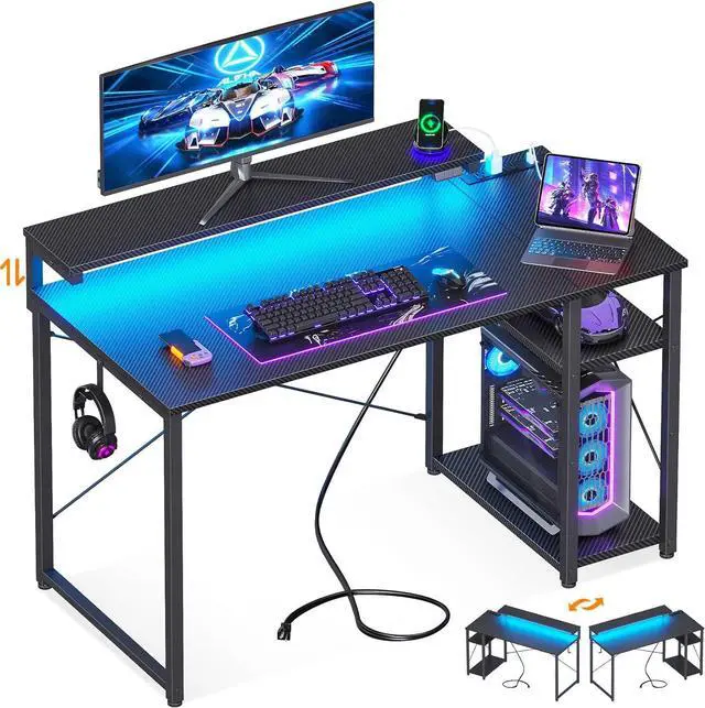 Main image of 40" Gaming Desk with Led Lights & Power Outlet, 40 Inch Small Gaming Computer Desk with Shelves, Reversible Gamer Desk Table with Adjustable Monitor Stand & Headphone Hook, Carbon Fiber Texture