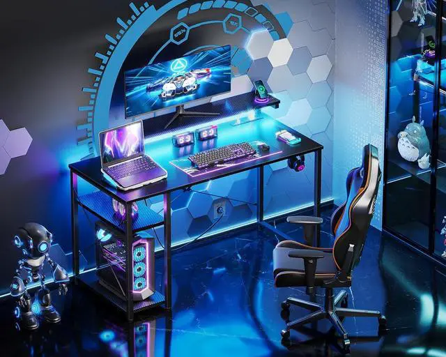 Alt view image 3 of 7 - 40" Gaming Desk with Led Lights & Power Outlet, 40 Inch Small Gaming Computer Desk with Shelves, Reversible Gamer Desk Table with Adjustable Monitor Stand & Headphone Hook, Carbon Fiber Texture