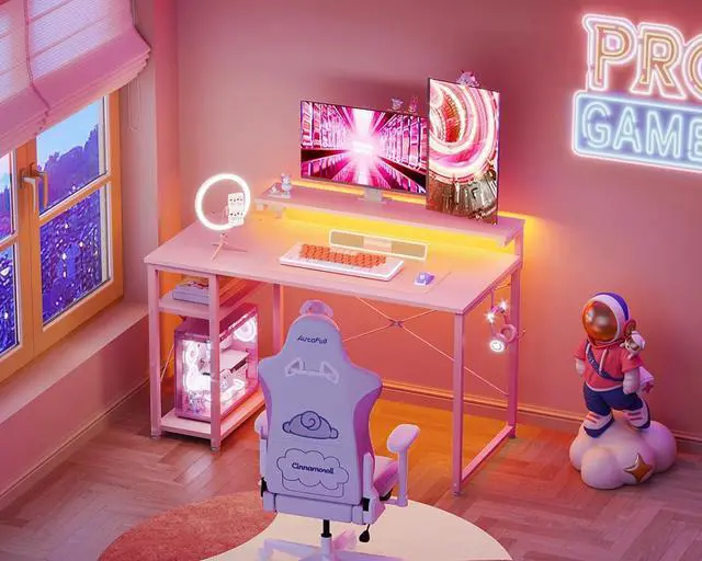 Alt view image 6 of 6 - 40" Gaming Desk with Led Lights & Power Outlet, 40 Inch Small Gaming Computer Desk with Shelves, Reversible Gamer Desk Table with Adjustable Monitor Stand & Headphone Hook, Pink