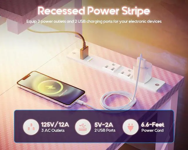 Alt view image 3 of 6 - 40" Gaming Desk with Led Lights & Power Outlet, 40 Inch Small Gaming Computer Desk with Shelves, Reversible Gamer Desk Table with Adjustable Monitor Stand & Headphone Hook, Pink