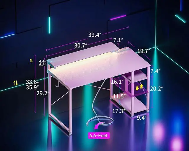 Alt view image 2 of 6 - 40" Gaming Desk with Led Lights & Power Outlet, 40 Inch Small Gaming Computer Desk with Shelves, Reversible Gamer Desk Table with Adjustable Monitor Stand & Headphone Hook, Pink