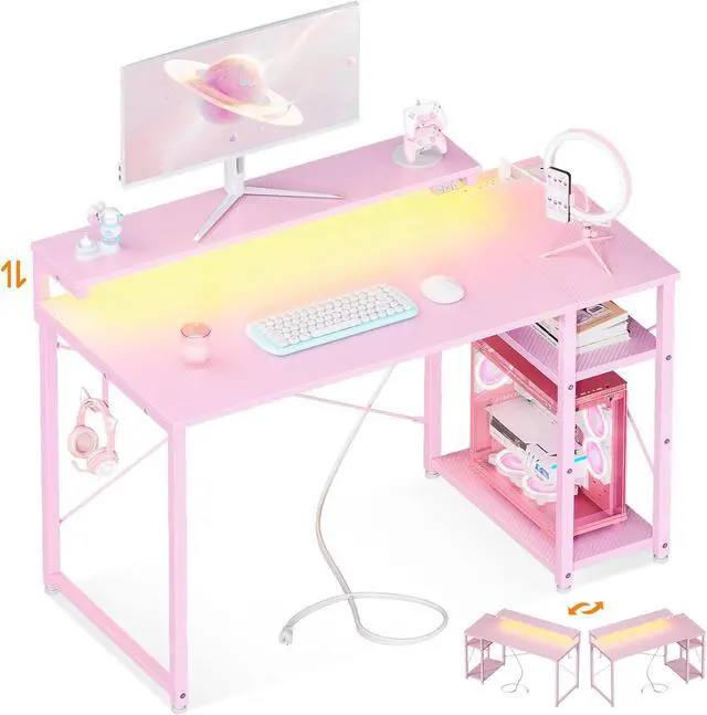 Main image of 40" Gaming Desk with Led Lights & Power Outlet, 40 Inch Small Gaming Computer Desk with Shelves, Reversible Gamer Desk Table with Adjustable Monitor Stand & Headphone Hook, Pink