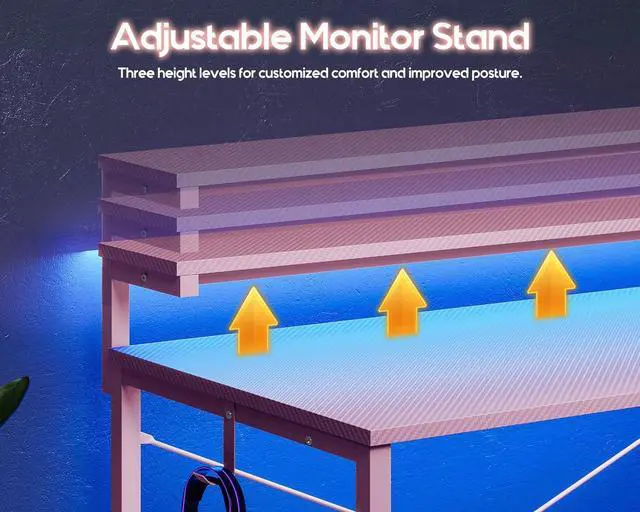 Alt view image 4 of 6 - 40" Gaming Desk with Led Lights & Power Outlet, 40 Inch Small Gaming Computer Desk with Shelves, Reversible Gamer Desk Table with Adjustable Monitor Stand & Headphone Hook, Pink