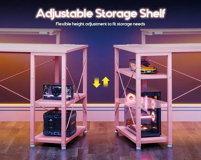 Alt view image 5 of 6 - 40" Gaming Desk with Led Lights & Power Outlet, 40 Inch Small Gaming Computer Desk with Shelves, Reversible Gamer Desk Table with Adjustable Monitor Stand & Headphone Hook, Pink