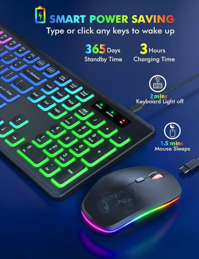 Alt view image 3 of 7 - Wireless Keyboard and Mouse Combo - RGB Backlit, Rechargeable & Light Up Letters, Full-Size, Ergonomic Tilt Angle, Sleep Mode, 2.4GHz Quiet Keyboard Mouse for Mac, Windows, Laptop, PC - BLACK
