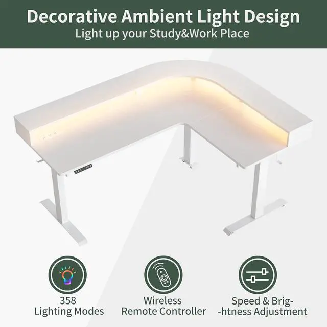 Alt view image 4 of 7 - L Shaped Standing Desk with Arc LED & Power Outlet, Exclusive Uprated 3 Motors Support 330LB, Electric Height Adjustable L Shaped Desk with Large Monitor Stand, for Home Office, White