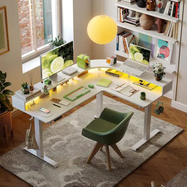 Alt view image 2 of 7 - L Shaped Standing Desk with Arc LED & Power Outlet, Exclusive Uprated 3 Motors Support 330LB, Electric Height Adjustable L Shaped Desk with Large Monitor Stand, for Home Office, White