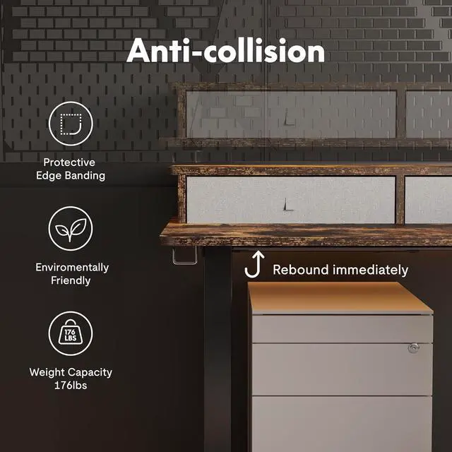 Alt view image 6 of 7 - 63'' L Shaped Standing Desk Electric Corner Table with Shelf, 4 Storage Drawers, Adjustable Computer Workstation for Home, Office, Game, Studio, USB Charger, Rustic Brown Top + Black Frame