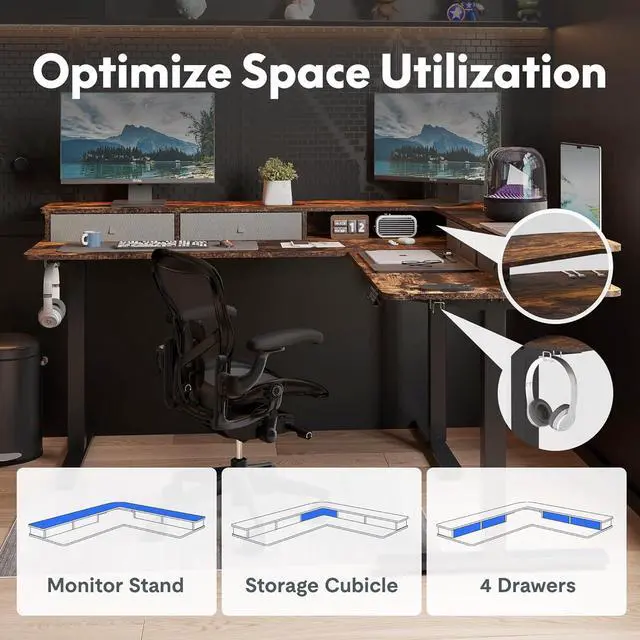 Alt view image 4 of 7 - 63'' L Shaped Standing Desk Electric Corner Table with Shelf, 4 Storage Drawers, Adjustable Computer Workstation for Home, Office, Game, Studio, USB Charger, Rustic Brown Top + Black Frame