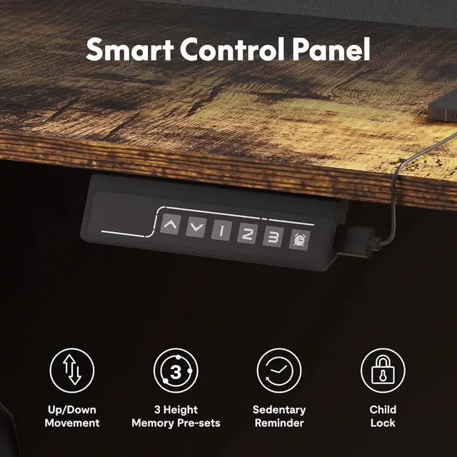 Alt view image 5 of 7 - 63'' L Shaped Standing Desk Electric Corner Table with Shelf, 4 Storage Drawers, Adjustable Computer Workstation for Home, Office, Game, Studio, USB Charger, Rustic Brown Top + Black Frame