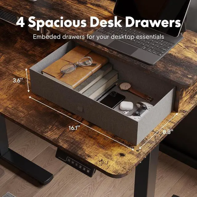 Alt view image 2 of 7 - 63'' L Shaped Standing Desk Electric Corner Table with Shelf, 4 Storage Drawers, Adjustable Computer Workstation for Home, Office, Game, Studio, USB Charger, Rustic Brown Top + Black Frame