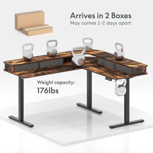 Alt view image 7 of 7 - 63'' L Shaped Standing Desk Electric Corner Table with Shelf, 4 Storage Drawers, Adjustable Computer Workstation for Home, Office, Game, Studio, USB Charger, Rustic Brown Top + Black Frame