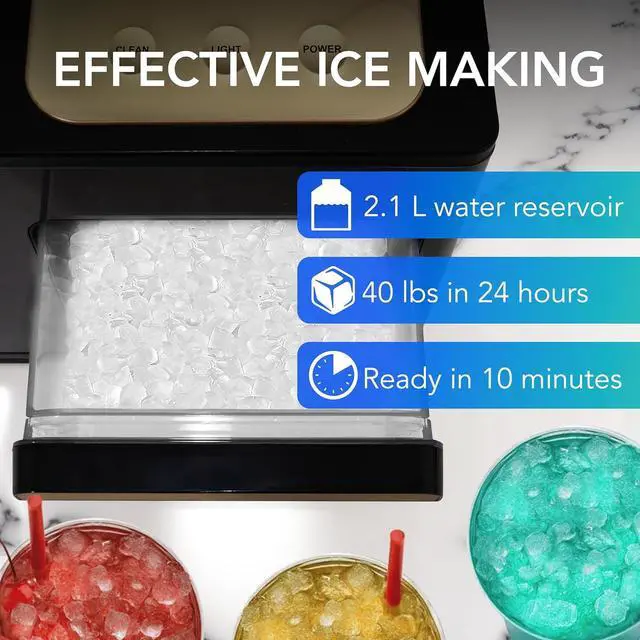 Alt view image 2 of 7 - Whynter Nugget Ice Maker, Countertop Portable Ice Maker, IBX-388BG SonicSnö, Automatic Self-Cleaning with Removable Ice Drawer Compact Ice Maker, 40 lbs/24H, Black Stainless Steel and Gold