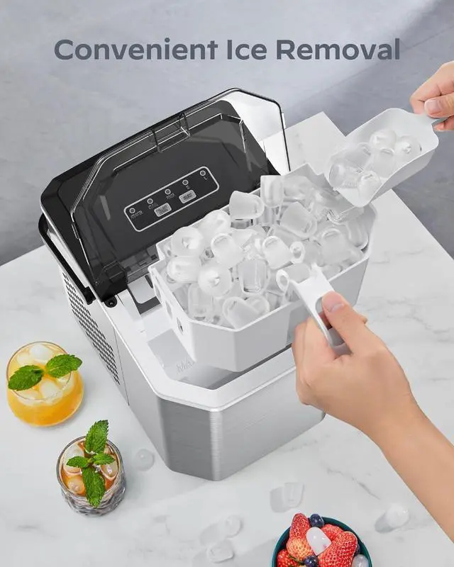 Alt view image 3 of 7 - Ice Maker Countertop, Stainless Steel Portable Ice Machine with Carry Handle, Self-Cleaning Ice Makers with Basket and Scoop, 9 Cubes in 6 Mins, 26 lbs per Day