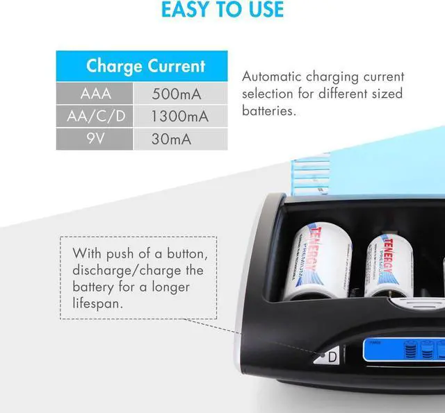 Alt view image 7 of 7 - Premium Rechargeable C Batteries and T9688 LCD Smart Battery Charger for NIMH/NICD AA/AAA/C/D/9V Batteries, 4 Pack C Size Battery Cells and Charger