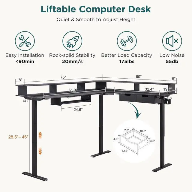 Alt view image 2 of 7 - 75 Inches L Shaped Electric Standing Desk, Height Adjustable Corner Gaming Desk with Drawers, Power Outlets & LED Lights, Computer Desk with Monitor Shelf, Carbon Fiber Black