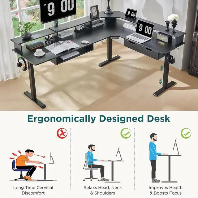 Alt view image 4 of 7 - 75 Inches L Shaped Electric Standing Desk, Height Adjustable Corner Gaming Desk with Drawers, Power Outlets & LED Lights, Computer Desk with Monitor Shelf, Carbon Fiber Black