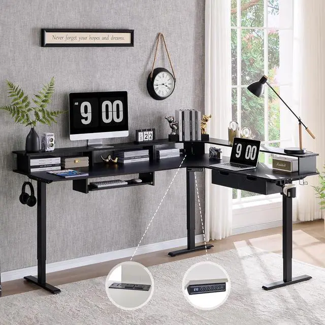 Alt view image 7 of 7 - 75 Inches L Shaped Electric Standing Desk, Height Adjustable Corner Gaming Desk with Drawers, Power Outlets & LED Lights, Computer Desk with Monitor Shelf, Carbon Fiber Black