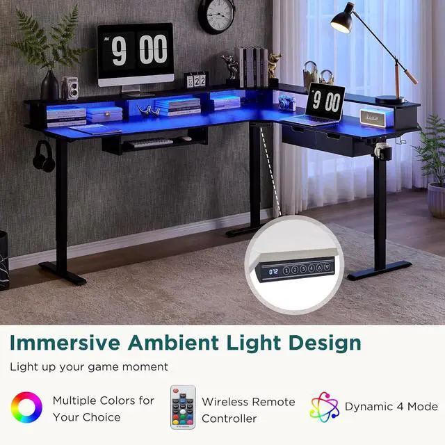 Alt view image 3 of 7 - 75 Inches L Shaped Electric Standing Desk, Height Adjustable Corner Gaming Desk with Drawers, Power Outlets & LED Lights, Computer Desk with Monitor Shelf, Carbon Fiber Black