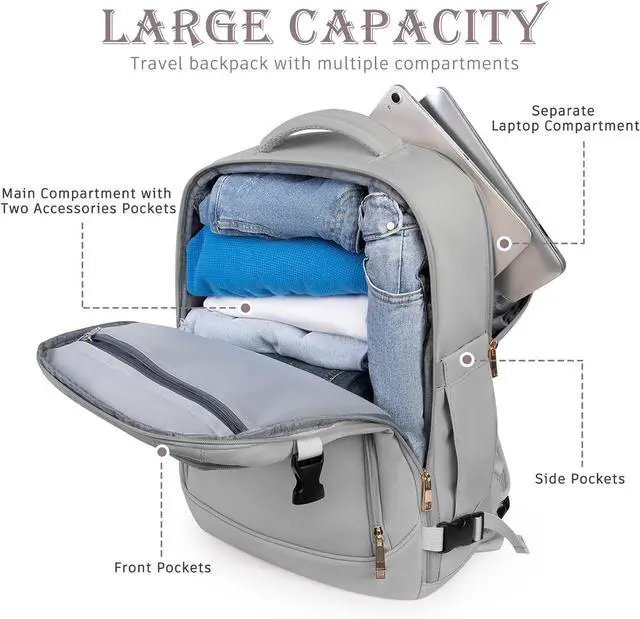 Alt view image 4 of 7 - Travel Backpack, Large Backpack for Men Women, Flight-approved Carry-on Backpack, 40L Personal Item Travel Backpack, Travel Essentials, Grey