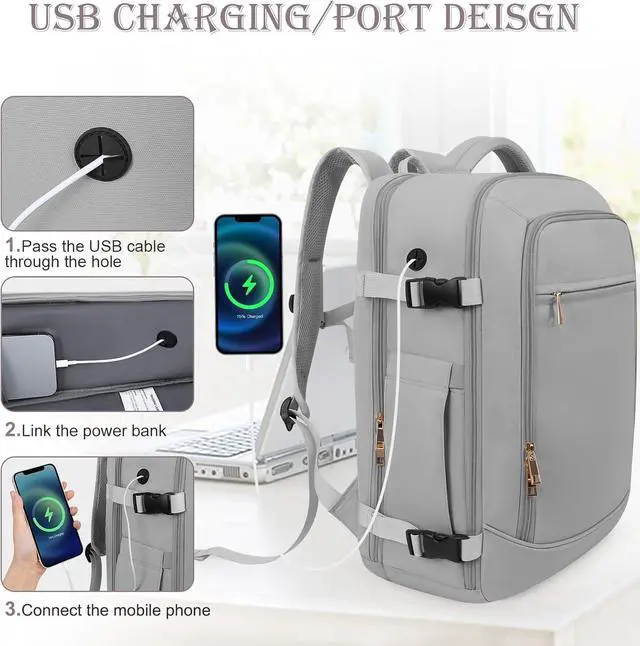 Alt view image 6 of 7 - Travel Backpack, Large Backpack for Men Women, Flight-approved Carry-on Backpack, 40L Personal Item Travel Backpack, Travel Essentials, Grey