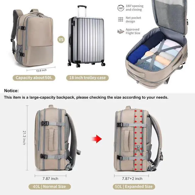 Alt view image 2 of 6 - 50L Expandable Travel Backpack for Women Men, Carry On Travel Essentials, Flight Approved Fits 21 Inch Laptop Backpack, Waterproof Business Suitcase Weekender Backpack, Beige