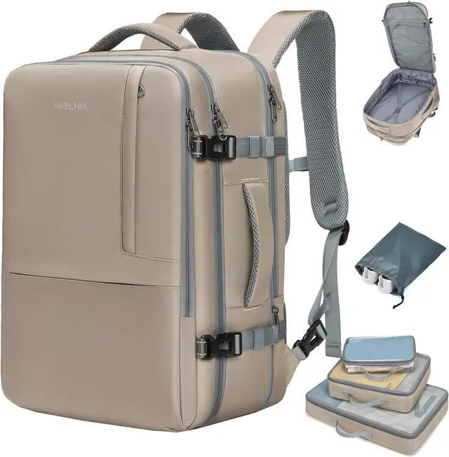 Main image of 50L Expandable Travel Backpack for Women Men, Carry On Travel Essentials, Flight Approved Fits 21 Inch Laptop Backpack, Waterproof Business Suitcase Weekender Backpack, Beige