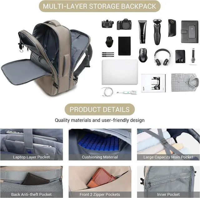 Alt view image 4 of 6 - 50L Expandable Travel Backpack for Women Men, Carry On Travel Essentials, Flight Approved Fits 21 Inch Laptop Backpack, Waterproof Business Suitcase Weekender Backpack, Beige