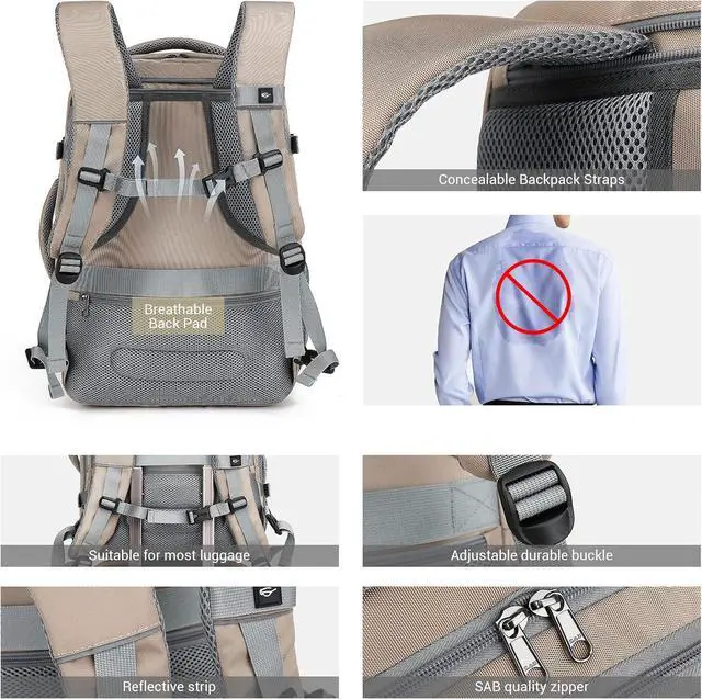 Alt view image 5 of 6 - 50L Expandable Travel Backpack for Women Men, Carry On Travel Essentials, Flight Approved Fits 21 Inch Laptop Backpack, Waterproof Business Suitcase Weekender Backpack, Beige