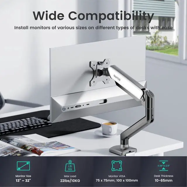 Alt view image 2 of 7 - Single Monitor Mount,13-32 Inch Computer Screen,Strong Adjust Gas Spring Monitor Arm,Full Motion Adjust with C Clamp and Grommet Base, Holds Up to 22 lbs,VESA Mount 75mmX75mm,100mmX100mm