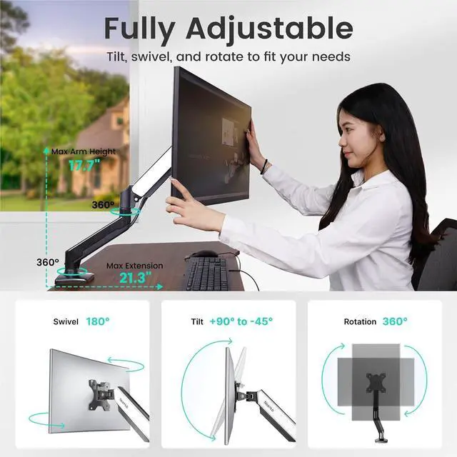 Alt view image 4 of 7 - Single Monitor Mount,13-32 Inch Computer Screen,Strong Adjust Gas Spring Monitor Arm,Full Motion Adjust with C Clamp and Grommet Base, Holds Up to 22 lbs,VESA Mount 75mmX75mm,100mmX100mm