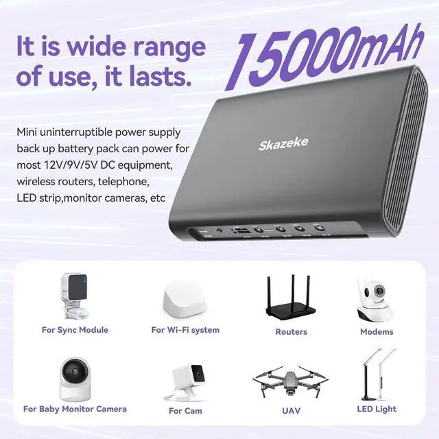 Alt view image 3 of 6 - Mini UPS, 15000mAh Uninterruptible Power Supply with DC Output USB 5V/2A DC 5V/9V/12V/2A, Power Supply Battery Backup for Router, Modem, Security Camera, Breast Pump, and More