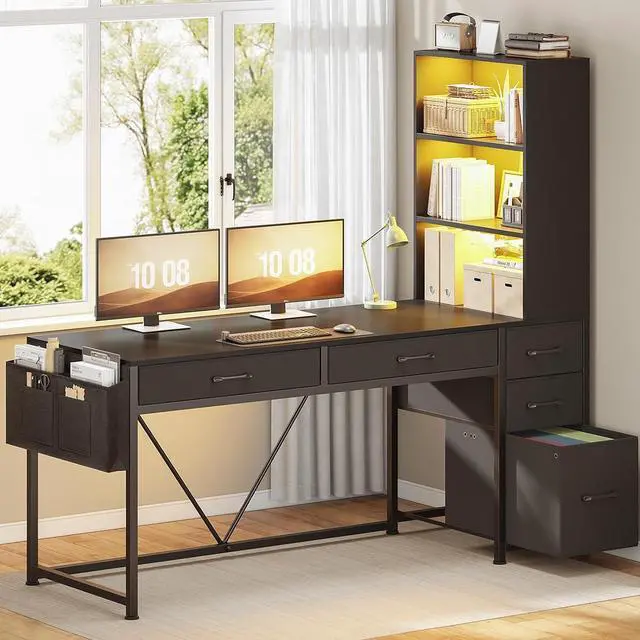 Main image of Computer Desk with 5 Drawers and Bookshelf, Reversible Home Office Desk with Storage Shelves and File Drawer, Gaming Desk with LED Lights for Small Spaces, Black