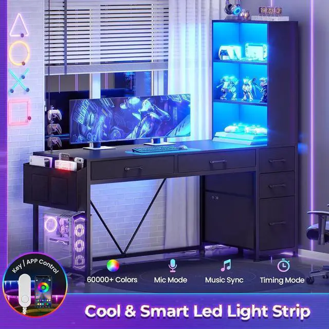 Alt view image 7 of 7 - Computer Desk with 5 Drawers and Bookshelf, Reversible Home Office Desk with Storage Shelves and File Drawer, Gaming Desk with LED Lights for Small Spaces, Black