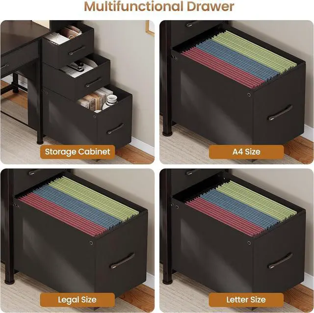 Alt view image 5 of 7 - Computer Desk with 5 Drawers and Bookshelf, Reversible Home Office Desk with Storage Shelves and File Drawer, Gaming Desk with LED Lights for Small Spaces, Black