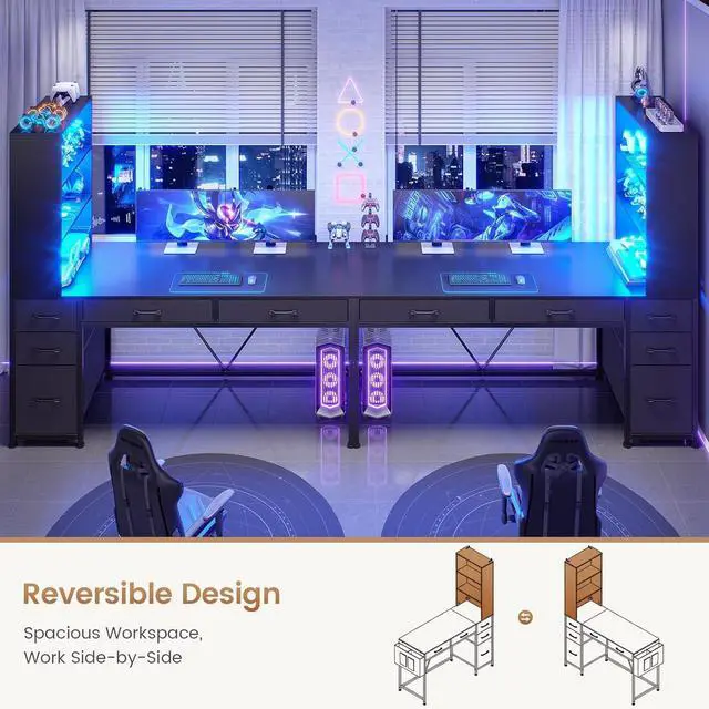 Alt view image 3 of 7 - Computer Desk with 5 Drawers and Bookshelf, Reversible Home Office Desk with Storage Shelves and File Drawer, Gaming Desk with LED Lights for Small Spaces, Black