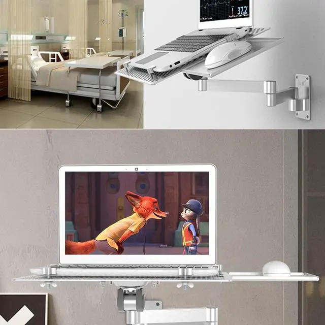 Alt view image 5 of 7 - Wall Mounted Laptop Stand, Multifunctional Adjustable Holder Wall Mount Foldable Laptop Holde Notebook Stand with Mouse Tray