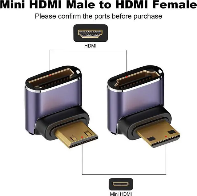 Alt view image 2 of 6 - 8K Mini HDMI to HDMI Adapter (2 Pack), Up and Down 90 Degree Right Angle Mini HDMI Male to HDMI Female Converter Connector for Raspberry Pi Zero, DSLR Camera, Camcorder, HDTV, Projector