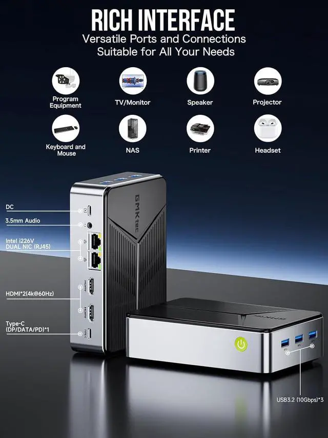 Alt view image 6 of 7 - Mini PC NAS, G9 Intel N150 Dual Boot System Desktop Computer 12GB DDR5 64GB EMMC +512GB SSD, 4*M.2 NVMe Slots, Dual NIC 2.5GbE, USB-C/USB 3.2 10Gbps, Network Attached Storage