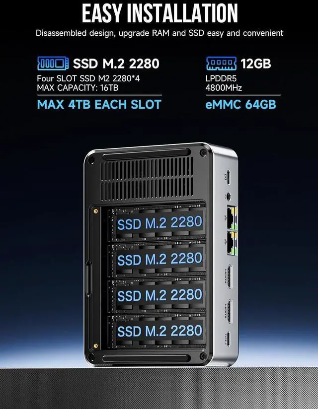 Alt view image 3 of 7 - Mini PC NAS, G9 Intel N150 Dual Boot System Desktop Computer 12GB DDR5 64GB EMMC +512GB SSD, 4*M.2 NVMe Slots, Dual NIC 2.5GbE, USB-C/USB 3.2 10Gbps, Network Attached Storage