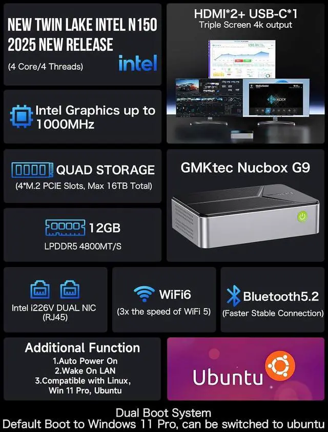 Alt view image 2 of 7 - Mini PC NAS, G9 Intel N150 Dual Boot W-11 Pro Linux Desktop Computer 12GB DDR5 64GB EMMC + 2TB M.2 SSD, 4*M.2 NVMe Slots, Dual NIC 2.5GbE, USB-C/USB 3.2 10Gbps, Network Attached Storage