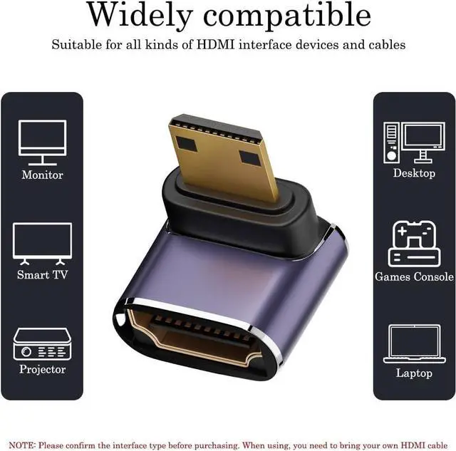 Alt view image 2 of 7 - 8K Mini HDMI to HDMI Adapter (2 Pack), 90 Degree Right Angle Mini HDMI Male to HDMI Female Bi-Directional Converter for Raspberry Pi Zero, DSLR Camera, Camcorder, HDTV, Portable Monitor
